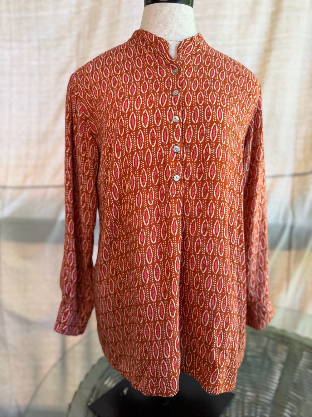 Boho Red Printed Mandarin Collar Tunic